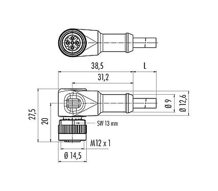 Scale drawing M12 Female angled connector, Contacts: 3, unshielded, moulded on the cable, IP68/IP69K, UL 2238, PVC, grey, 3 x 0.34 mm², 2 m
