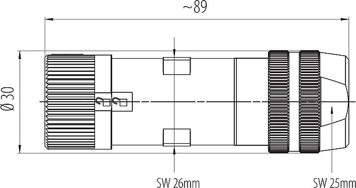 Scale drawing Bayonet Female cable connector, Contacts: 6 (3+PE+2), 7.0-14.0 mm, shieldable, screw clamp, IP67 plugged and locked, UL 2237