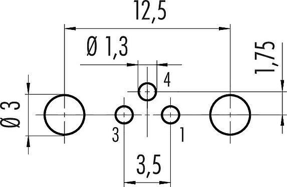 Conductor layout M8 Female panel mount connector, Contacts: 3, shieldable, THT, IP67, UL 2238, M10x0.75, Rear mounting, potted