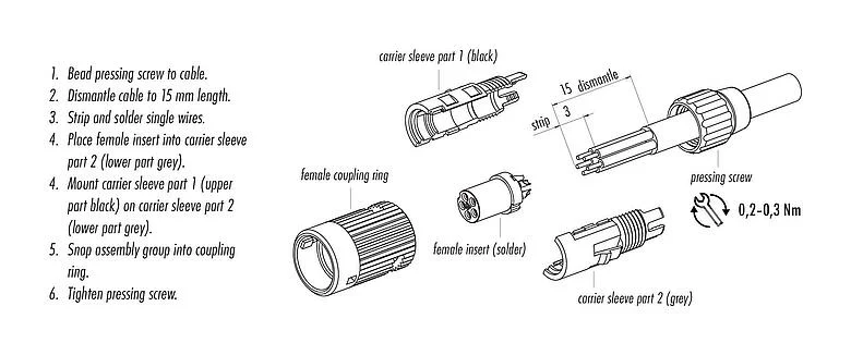 Assembly instructions Bayonet Female cable connector, Contacts: 3, 3.0-4.0 mm, unshielded, solder, IP40