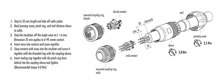 Assembly instructions RD24 Male cable connector, Contacts: 6+PE, 7.0-17.0 mm, unshielded, screw clamp, IP67, UL, ESTI+, VDE