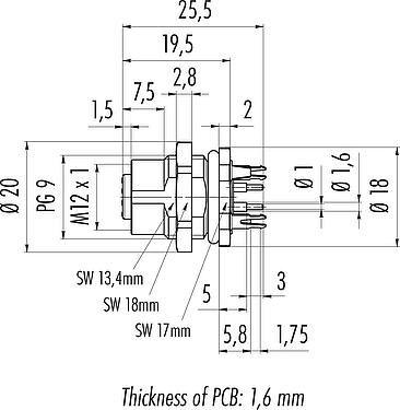 Scale drawing M12 Female panel mount connector, Contacts: 5, shieldable, THT, IP68, UL 2238, PG 9, Rear mounting, potted