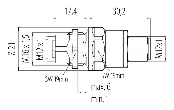 比例图 M12 用于穿控制柜, 极数: 4+PE, 屏蔽, 插拔式, IP67, UL 2238, M12x1.0, 後壁安裝