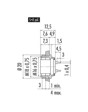 比例图 M16 孔头法兰座, 极数: 8 (08-a), 非屏蔽, THT, IP40, M18x0,75, 後壁安裝