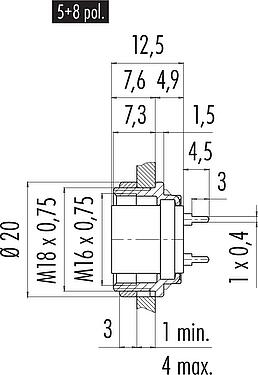 比例图 M16 孔头法兰座, 极数: 5 (05-a), 非屏蔽, THT, IP40, M18x0,75, 後壁安裝