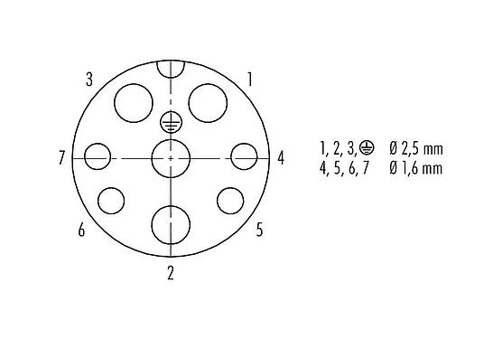 Contact arrangement (Plug-in side) 09 6504 000 08 - Bayonet Female panel mount connector, Contacts: 4+3+PE, unshielded, crimping (Crimp contacts must be ordered separately), IP68/IP69K, UL, VDE