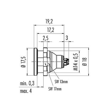 Scale drawing Push Pull Female panel mount connector, Contacts: 4, unshielded, solder, IP40, M14x0,5, Front mounting