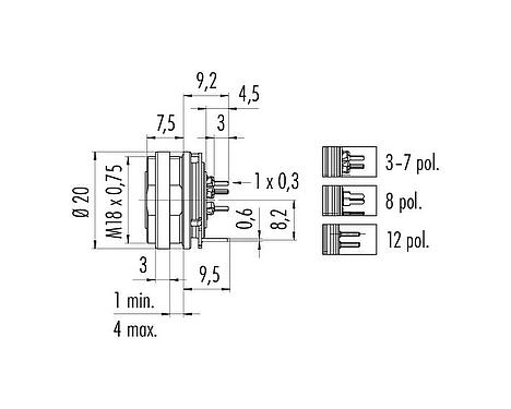 Scale drawing M16 Female panel mount connector, Contacts: 7 (07-a), shieldable, THT, IP67, UL 2238, M18x0,75, Rear mounting