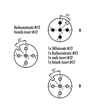联系安排 (外掛程式側) M12 双分线盒,T 型分配器, 针头连接器 - 2 孔头连接器, 极数: 5, 非屏蔽, 插拔式, IP68, UL 2238