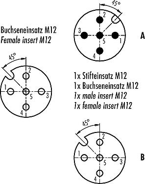 联系安排 (外掛程式側) M12 双分线盒,T 型分配器, 针头连接器 - 2 孔头连接器, 极数: 5, 非屏蔽, 插拔式, IP68, UL 2238