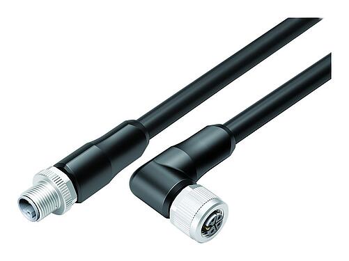 Illustration 77 0654 0649 70505-0500 - M12/M12 Male cable connector - female angled connector, Contacts: 4+FE, unshielded, moulded on the cable, IP68, PUR, black, 5 x 1.50 mm², UL in preparation, 5 m