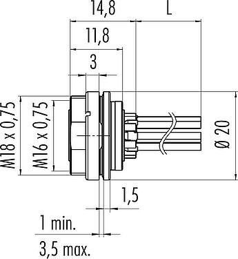 比例图 M16 孔头法兰座, 极数: 4 (04-a), 非屏蔽, 带导线, IP67, UL 2238, M18x0,75, 後壁安裝