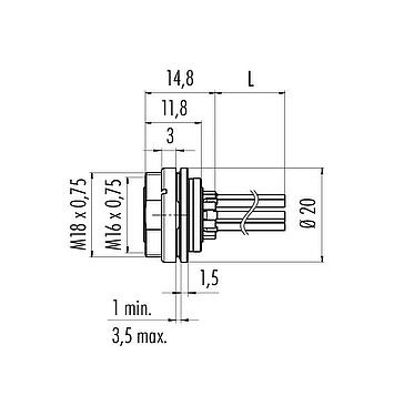 比例图 M16 孔头法兰座, 极数: 5 (05-a), 非屏蔽, 带导线, IP67, UL 2238, M18x0,75, 後壁安裝