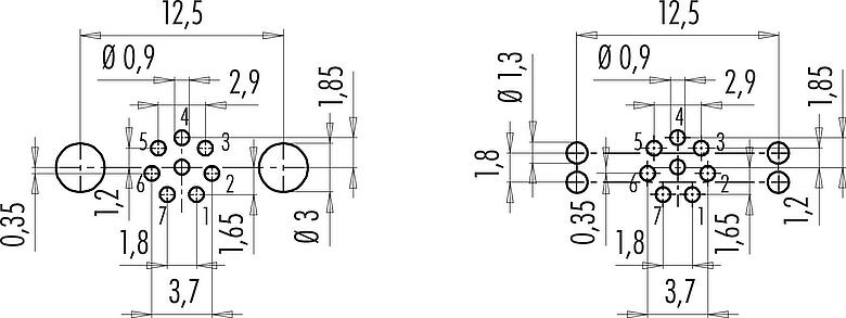 Conductor layout M9 Male panel mount connector, Contacts: 8, shieldable, THT, IP67, M12x0.5, Rear mounting, potted
