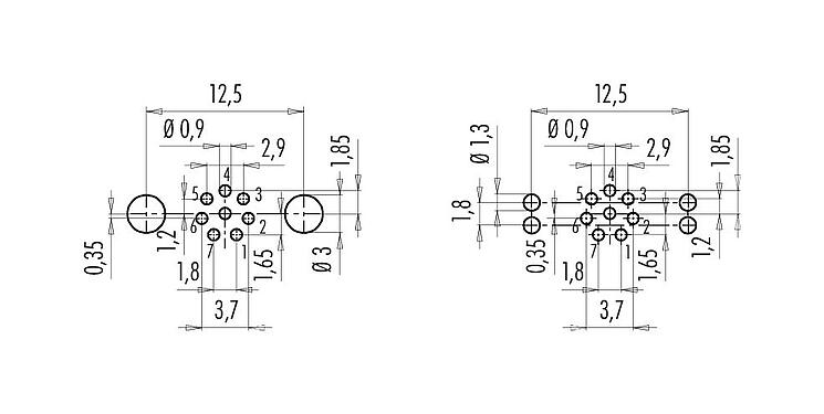 Conductor layout 09 0427 30 08 - M9 Male panel mount connector, Contacts: 8, shieldable, THT, IP67, front fastened