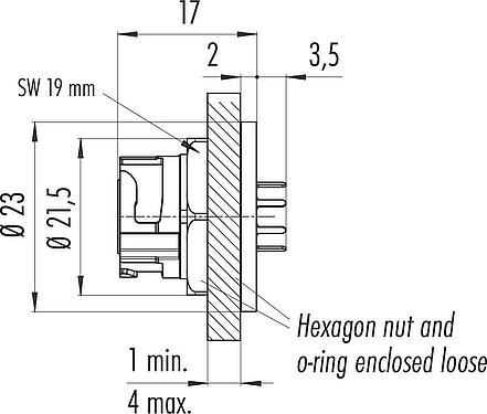 Scale drawing Bayonet Female panel mount connector, Contacts: 8, unshielded, THT, IP67 (when unplugged as well), Rear mounting