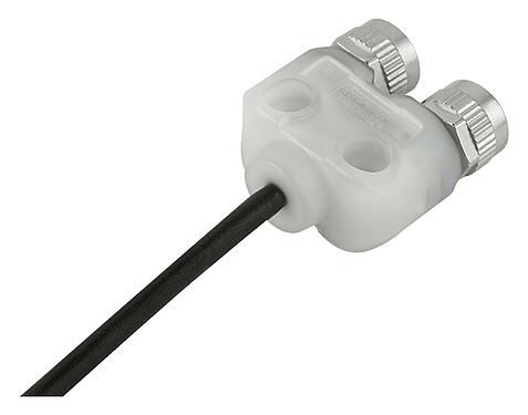 Illustration M12 Twin distributors Y-distributor, male connector - 2 female connector, Contacts: 4, unshielded, moulded on the cable, IP68, UL 2238, PUR, black, 4 x 0.25 mm², with LED PNP, 2 m
