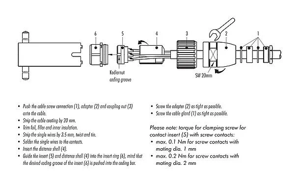 装配说明 M23 直头孔头电缆连接器, 极数: 19, 6.0-10.0mm, 非屏蔽, 焊接, IP67