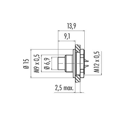 Scale drawing M9 Male panel mount connector, Contacts: 3, unshielded, solder, IP67, M12x0.5, Front mounting, potted