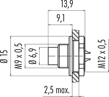 比例图 M9 针头法兰座, 极数: 7, 非屏蔽, 焊接, IP67, M12x0.5, 板前安装, 模压成型