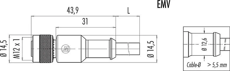 比例图 M12 直头孔头电缆连接器, 极数: 5, 屏蔽, 预铸电缆, IP67, UL 2238, PVC, 灰色, 5x0.25mm², 5m