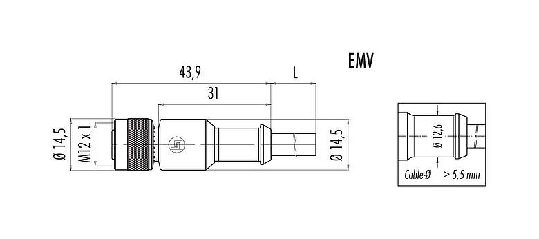 Scale drawing M12 Female cable connector, Contacts: 4, shielded, moulded on the cable, IP67, UL 2238, PVC, grey, 4 x 0.34 mm², 5 m