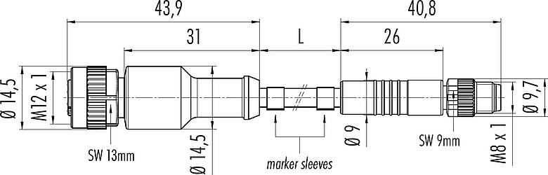 Scale drawing M12/M8 Female cable connector - Male cable connector, Contacts: 4, unshielded, moulded on the cable, IP67/IP69K, UL 2238, PUR, black, 4 x 0.34 mm², 1 m