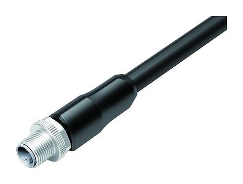 插图 M12 直头针头电缆连接器, 极数: 4+FE, 非屏蔽, 预铸电缆, IP68, UL 2238, M12x1.0, PUR, 黑色, 5x1.50mm², 5m