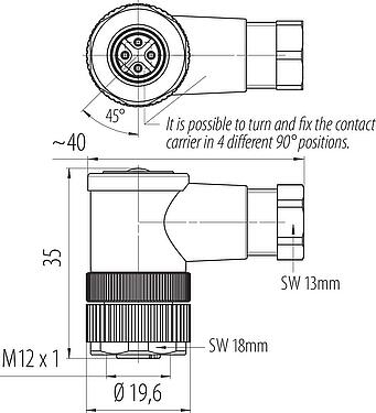 比例图 M12 弯角孔头电缆连接器, 极数: 4, 4.0-6.0mm, 非屏蔽, 螺钉接线, IP67, UL 2238