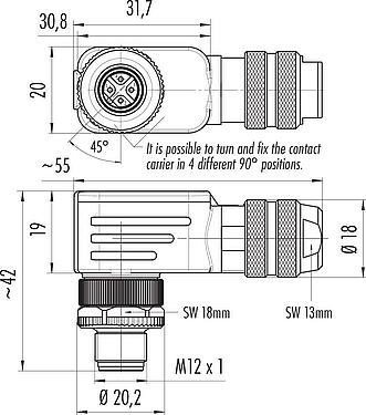 Scale drawing M12 Male angled connector, Contacts: 4, 6.0-8.0 mm, shieldable, screw clamp, IP67, UL 2238, with shielding ring