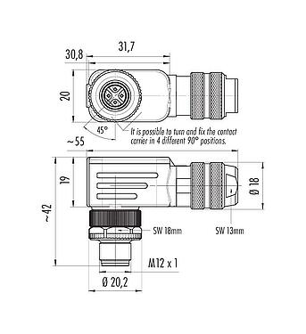 Scale drawing M12 Male angled connector, Contacts: 4, 6.0-8.0 mm, shieldable, screw clamp, IP67, UL 2238, with shielding ring