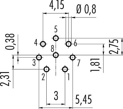 Conductor layout M12 Female panel mount connector, Contacts: 8, unshielded, THT, IP68, UL 2238, PG 9, Front mounting