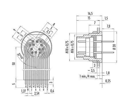 Connection & dimensions M16 Male panel mount connector, Contacts: 12 (12-a), unshielded, THT, IP40, M18x0,75, Rear mounting