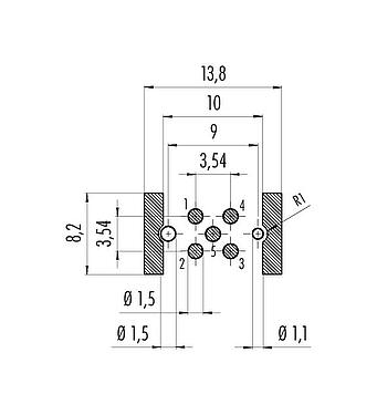 Conductor layout M12 Male panel mount connector, Contacts: 5, shieldable, SMT, IP67, M14x1.0, Rear mounting