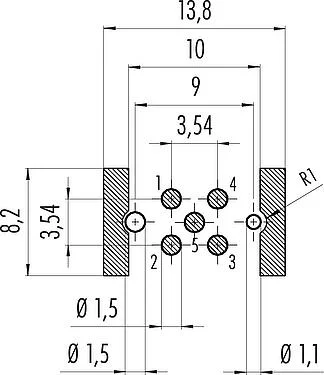 Conductor layout M12 Male panel mount connector, Contacts: 5, shieldable, SMT, IP67, M14x1.0, Rear mounting