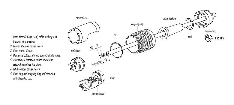 Assembly instructions M25 Male cable connector, Contacts: 12, 5.0-8.0 mm, shieldable, solder, IP40