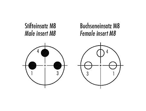 联系安排 (外掛程式側) M8 用于穿控制柜, 极数: 3, 屏蔽, 插拔式, IP67, M8x1.0, 後壁安裝, 模压成型