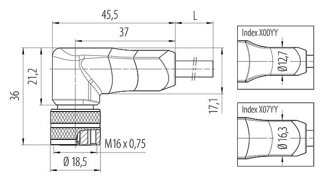 Scale drawing 77 6534 0000 50708-0200 - M16 Female angled connector, Contacts: 8, shielded, moulded on the cable, IP68, PUR, black, 8 x 0.25 mm², 2 m