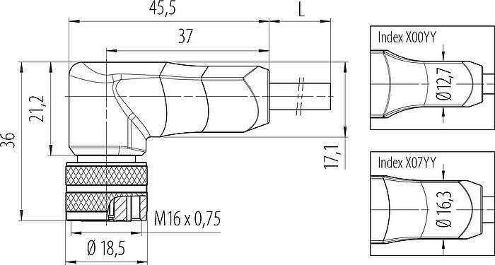 Scale drawing M16 Female angled connector, Contacts: 8, shielded, moulded on the cable, IP67, PUR, black, 8 x 0.25 mm², 5 m