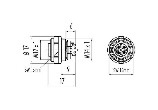 比例图 M12 孔头法兰座, 极数: 4, 可接屏蔽, SMT, IP67, M14x1.0, 板前安装