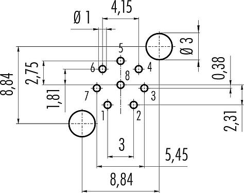 Conductor layout M12 Male panel mount connector, Contacts: 8, shieldable, THT, IP68, UL 2238, PG 9, Rear mounting, potted