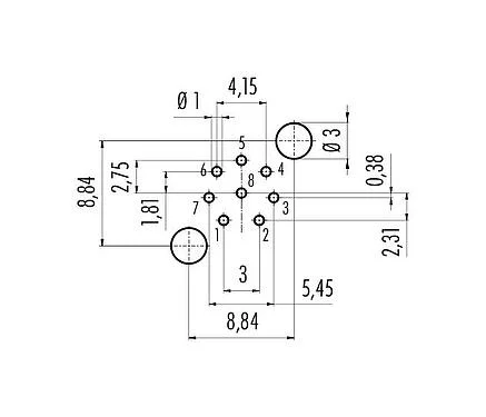 导体结构 86 0531 1120 00008 - M12 针头法兰座, 极数: 8, 可接屏蔽, THT, IP68, UL 2238, PG 9, 後壁安裝