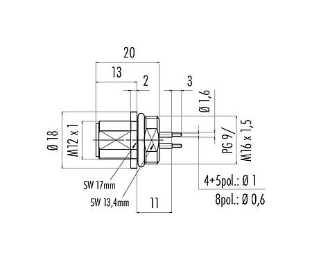 Scale drawing 86 0131 0000 00008 - M12 Male panel mount connector, Contacts: 8, unshielded, THT, IP68, UL, PG 9