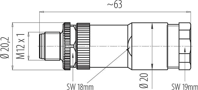 比例图 M12 双出口针头电缆连接器, 极数: 5, 2.1-3.0 mm (2 电缆) 或者 4-5 mm (2 电缆), 非屏蔽, 螺钉接线, IP67, UL 2238