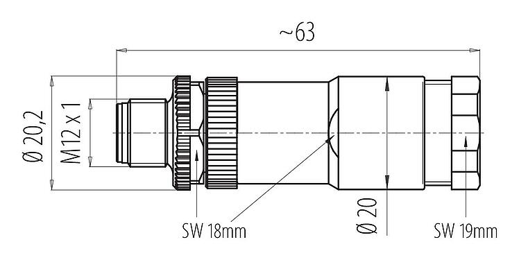 比例图 M12 双出口针头电缆连接器, 极数: 4, 2.1-3.0 mm (2 电缆) 或者 4-5 mm (2 电缆), 非屏蔽, 螺钉接线, IP67, UL 2238