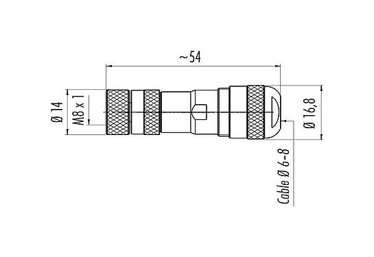 比例图 M8 直头孔头电缆连接器, 极数: 3, 6.0-8.0mm, 可接屏蔽, 螺钉接线, IP67, UL 2238, 带防护环