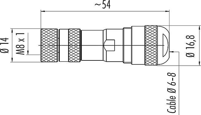 比例图 M8 直头孔头电缆连接器, 极数: 3, 6.0-8.0mm, 可接屏蔽, 螺钉接线, IP67, UL 2238, 带防护环