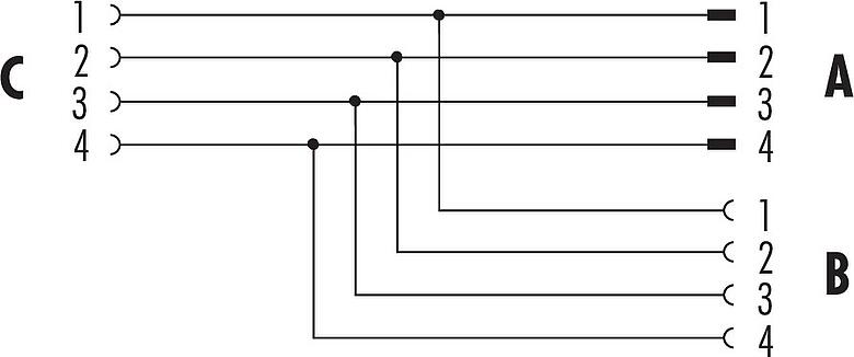 Pin assignment plans M12 Twin distributors, Y-distributor, male connector - 2 female connector, Contacts: 4, unshielded, pluggable, IP68, UL 2238