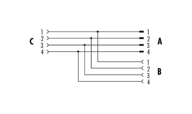 Pin assignment plans M12 Twin distributors, Y-distributor, male connector - 2 female connector, Contacts: 4, unshielded, pluggable, IP68, UL 2238