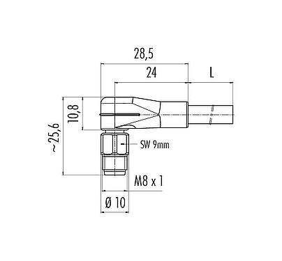 Scale drawing M8 Male angled connector, Contacts: 6, unshielded, moulded on the cable, IP67/IP69K, UL 2238, PUR, black, 6 x 0.25 mm², stainless steel, 2 m